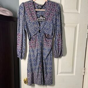 NWT Angie Blue and Purple Printed Long Sleeve Tie-Front Dress